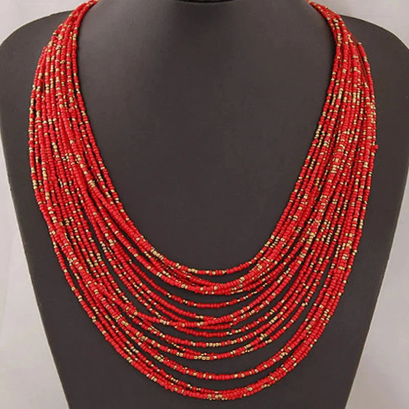 African Ethnic Multi-Strand Pendant Necklace red