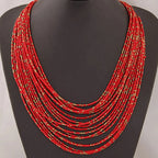 African Ethnic Multi-Strand Pendant Necklace red