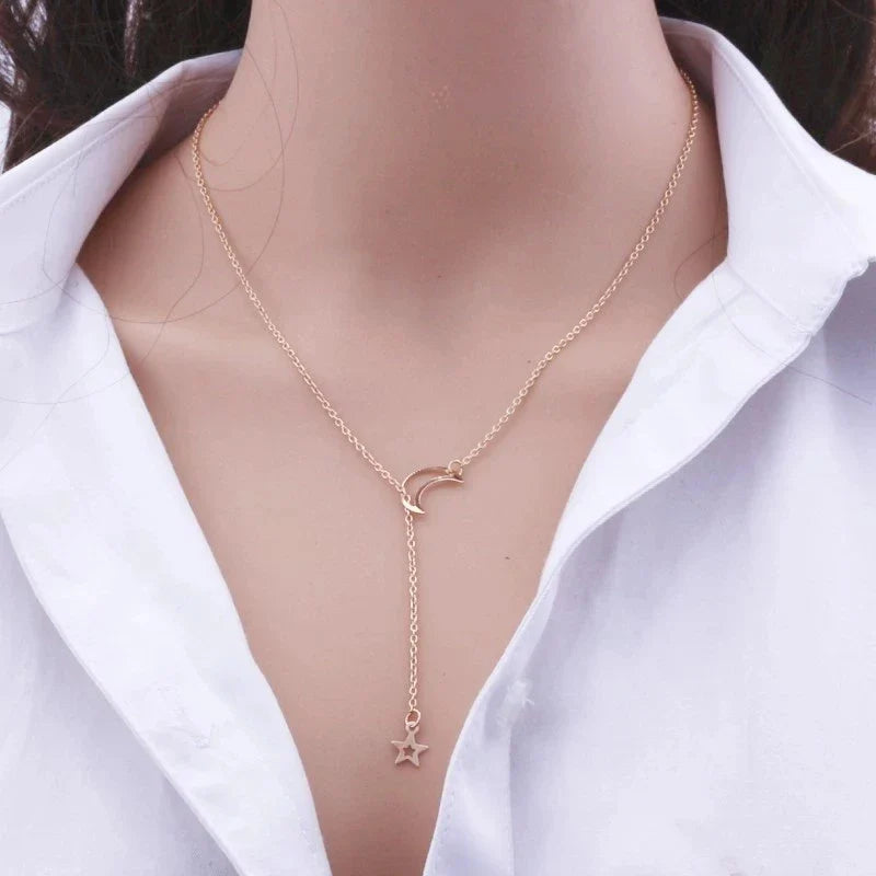 Star and Moon Pendant Necklace Gold