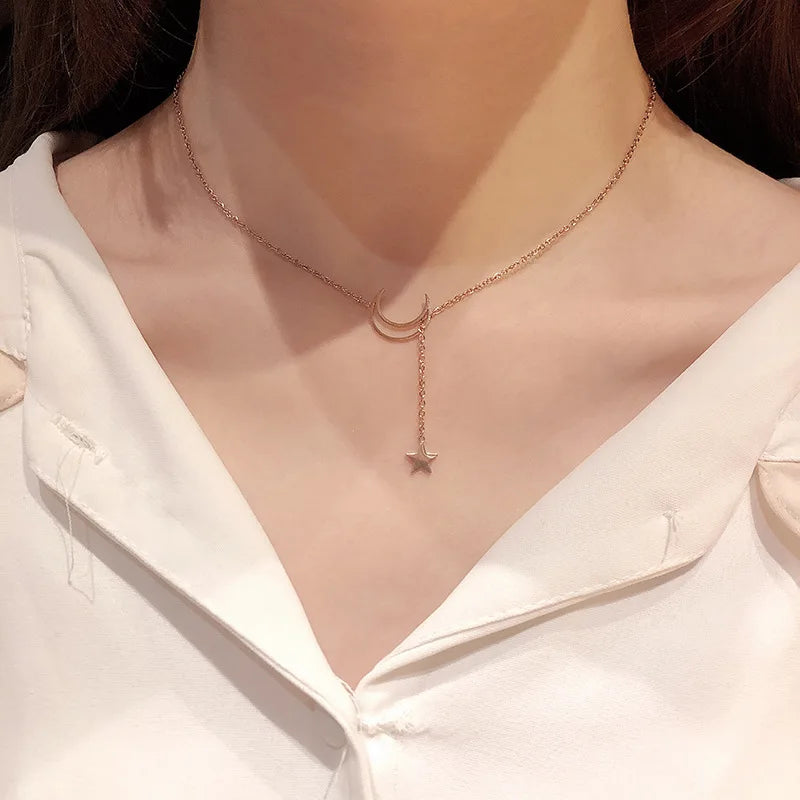 Star and Moon Pendant Necklace Gold