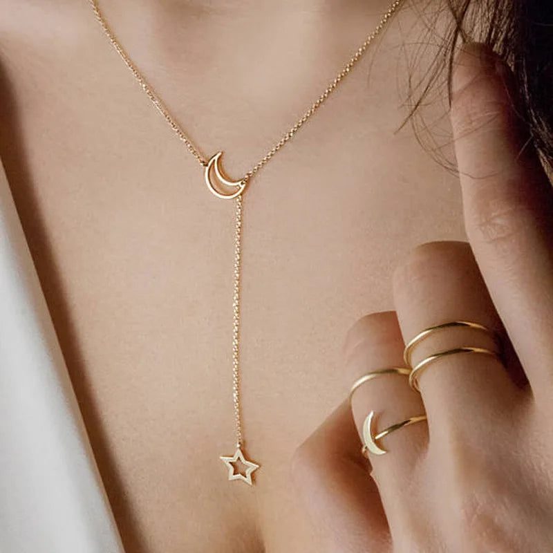 Star and Moon Pendant Necklace Gold