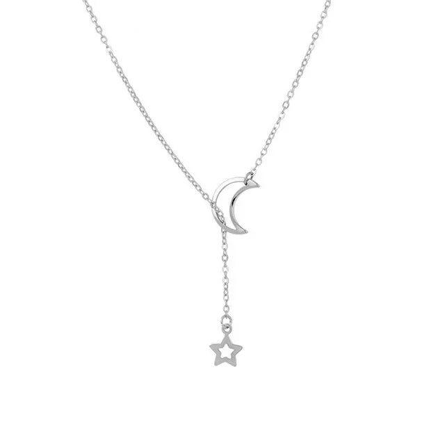 Star and Moon Pendant Necklace Silver