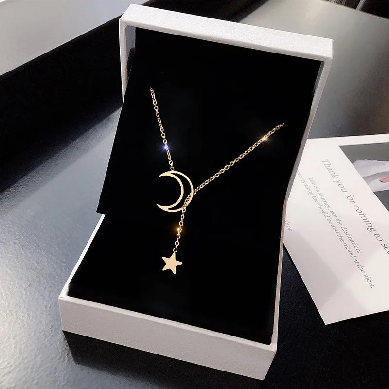 Star and Moon Pendant Necklace Gold