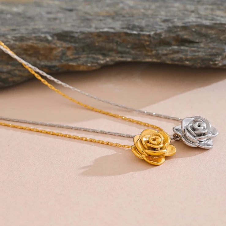 Rose Flower Large Pendant Necklace silver