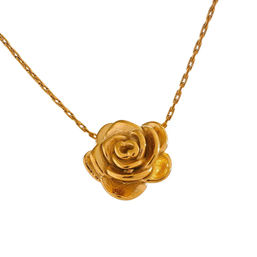 Rose Flower Large Pendant Necklace gold