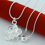 Elegant Large Flower Pendant Necklace Silver-Plated