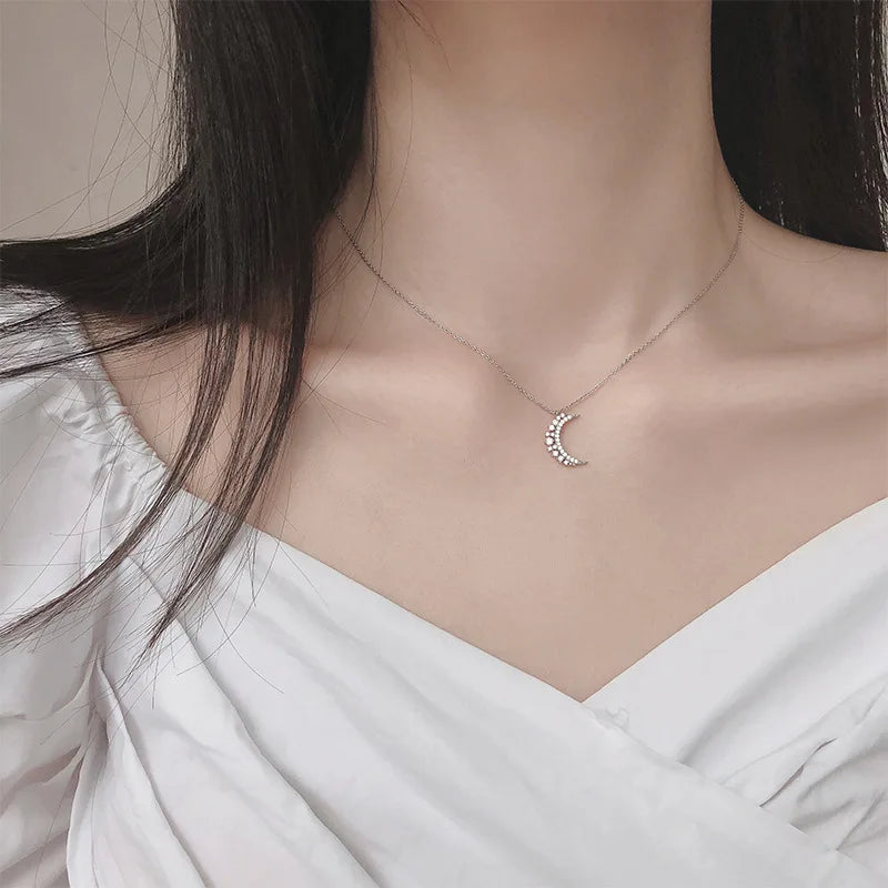 Zircon Moon Pendant Necklace for Women silver