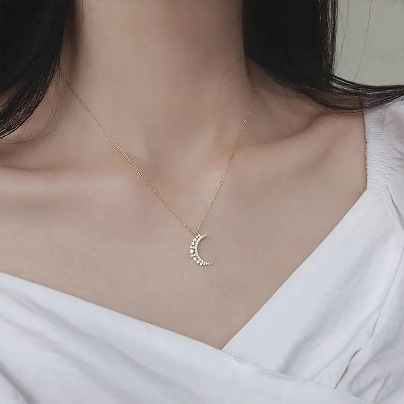Zircon Moon Pendant Necklace for Women gold