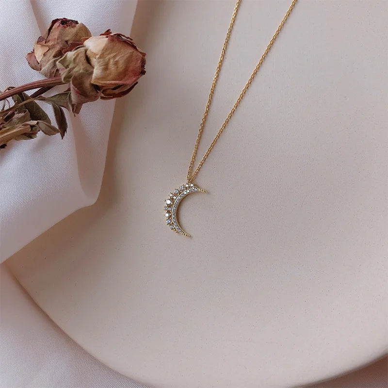 Zircon Moon Pendant Necklace for Women gold