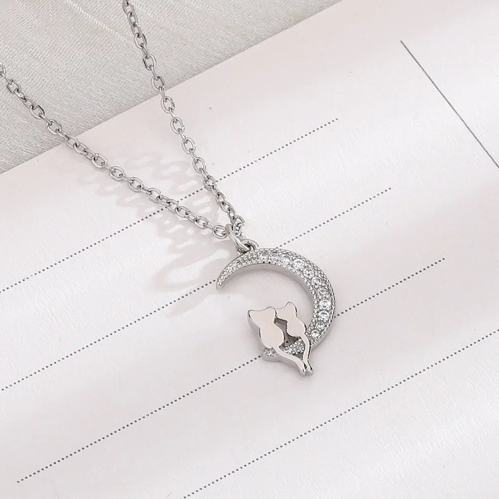 Moon Pendant Necklace with Cats and Crystal