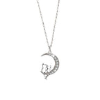 Moon Pendant Necklace with Cats and Crystal