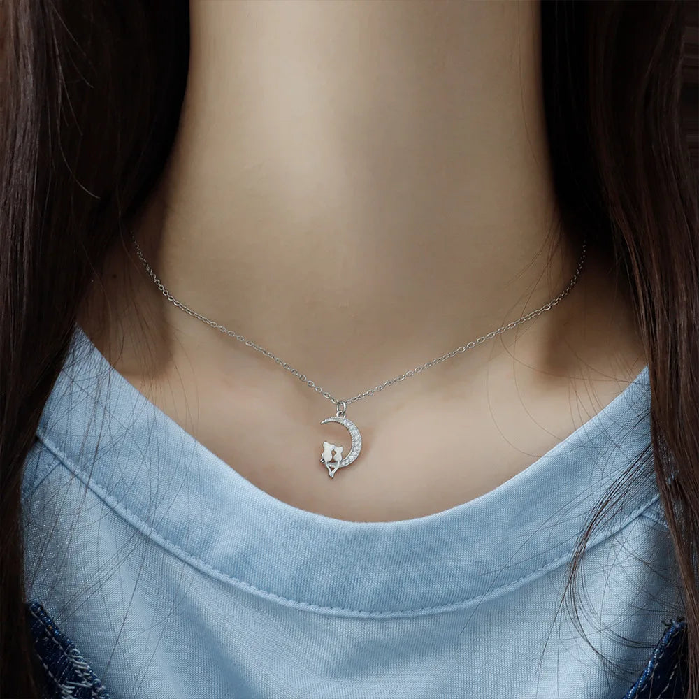Moon Pendant Necklace with Cats and Crystal