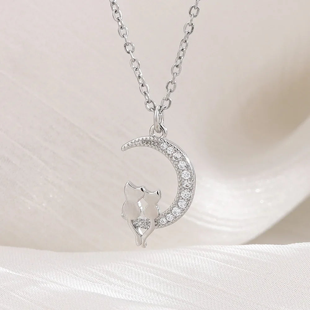 Moon Pendant Necklace with Cats and Crystal