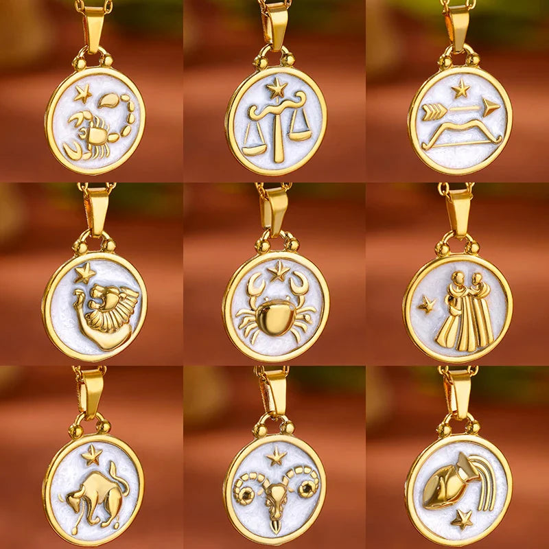 Gold and White Pendant Necklace Zodiac Sign 12 Constellations
