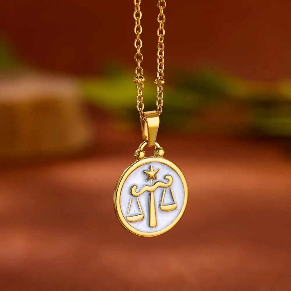 Gold and White Pendant Necklace Zodiac Sign 12 Constellations Libra