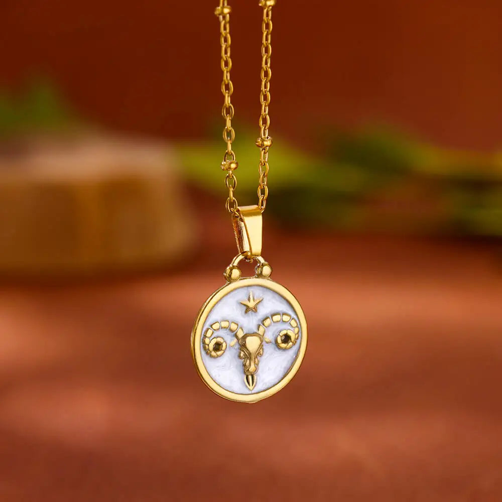 Gold and White Pendant Necklace Zodiac Sign 12 Constellations Aries
