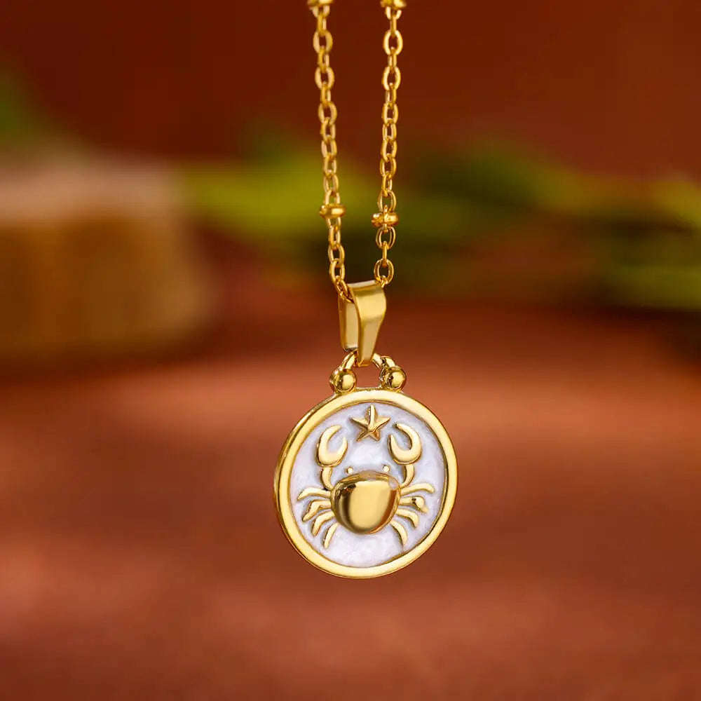 Gold and White Pendant Necklace Zodiac Sign 12 Constellations Cancer