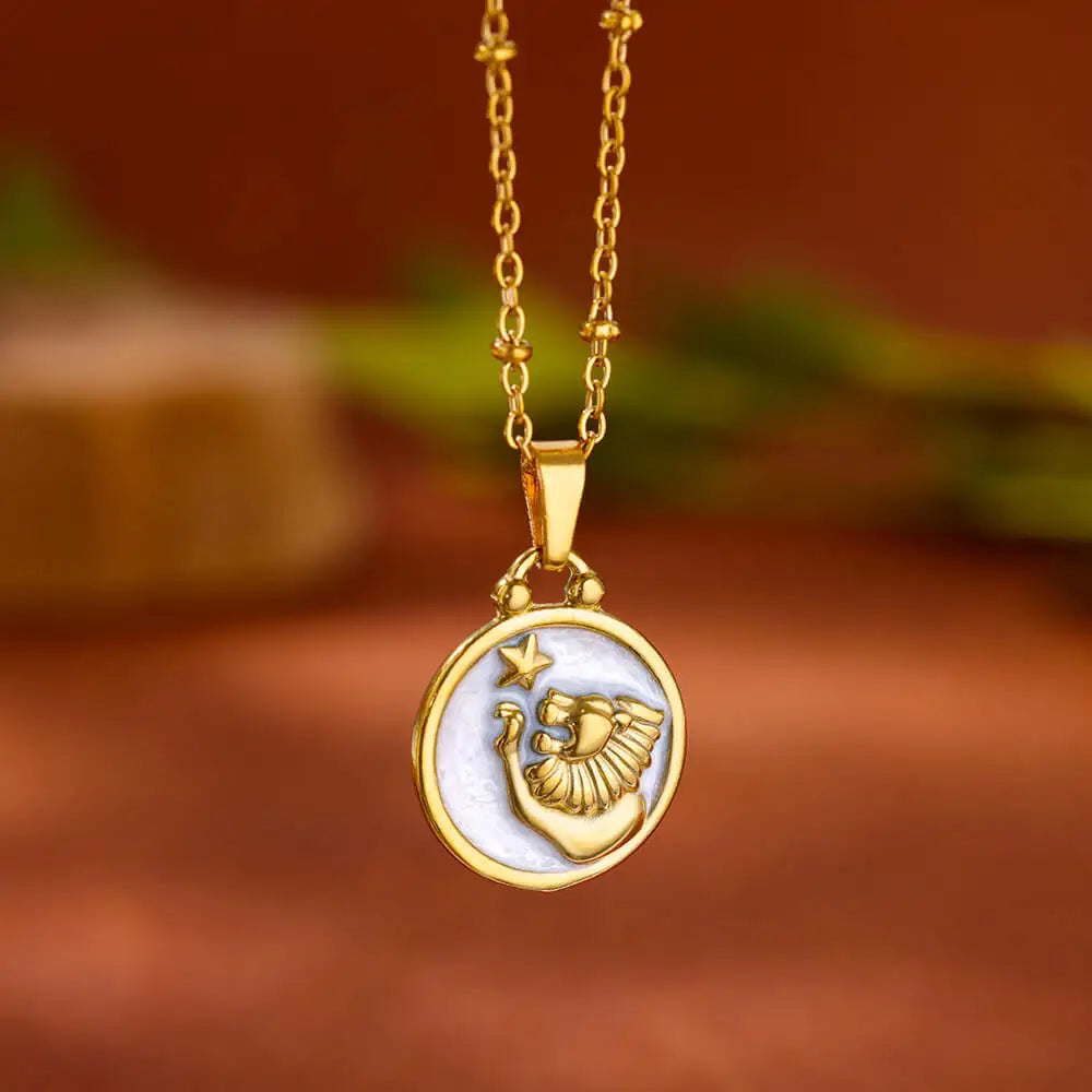 Gold and White Pendant Necklace Zodiac Sign 12 Constellations Leo