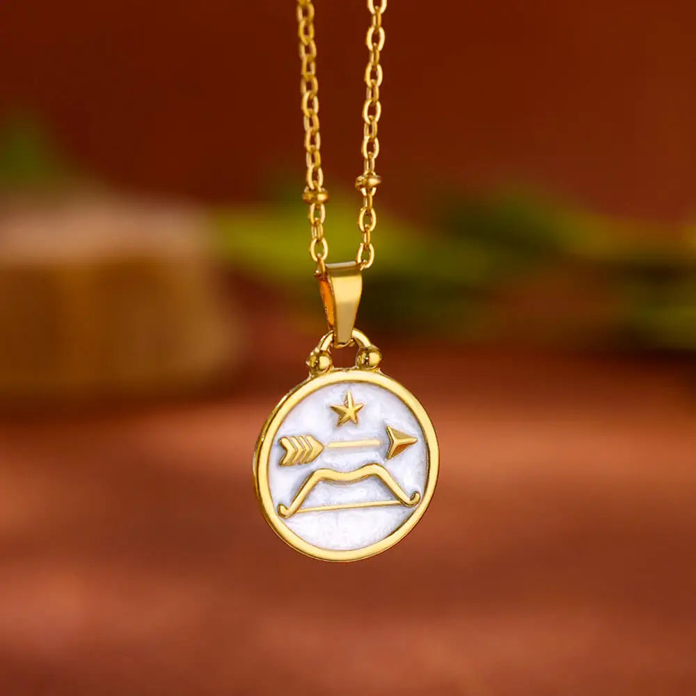 Gold and White Pendant Necklace Zodiac Sign 12 Constellations Sagittarius