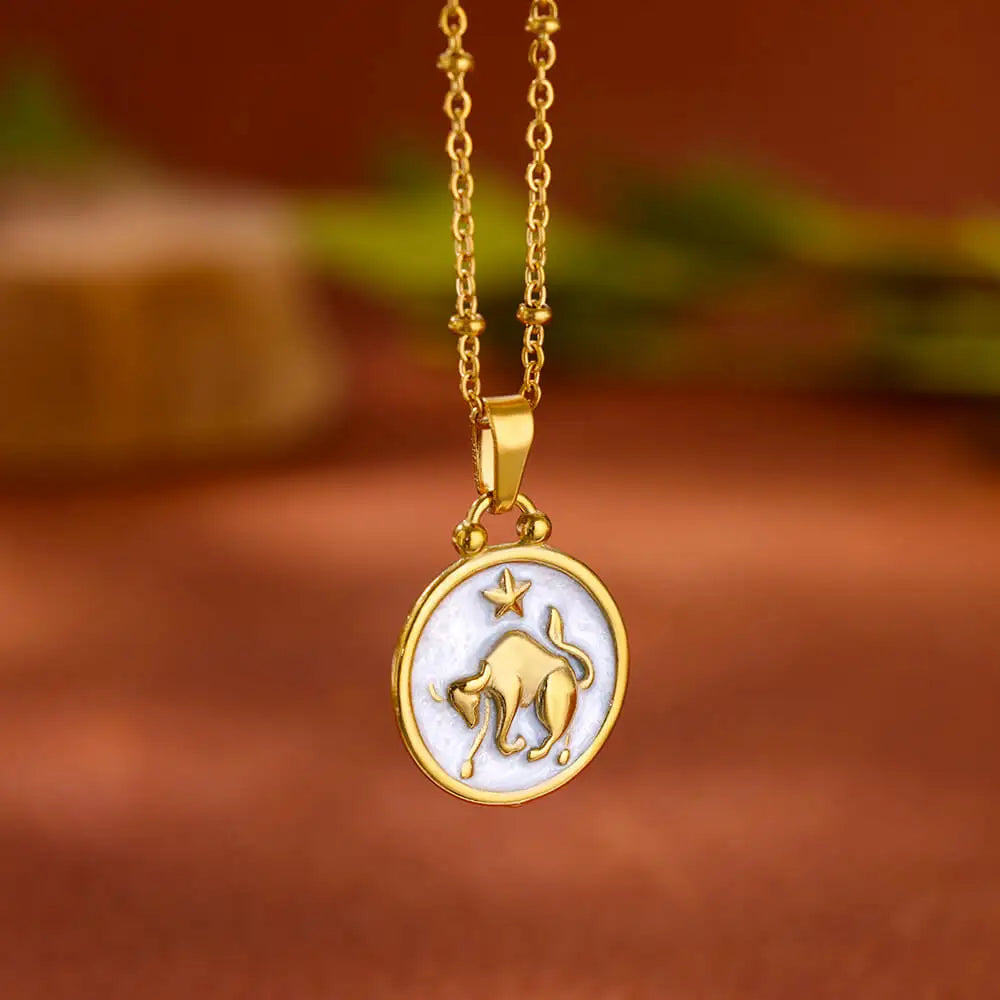 Gold and White Pendant Necklace Zodiac Sign 12 Constellations Taurus