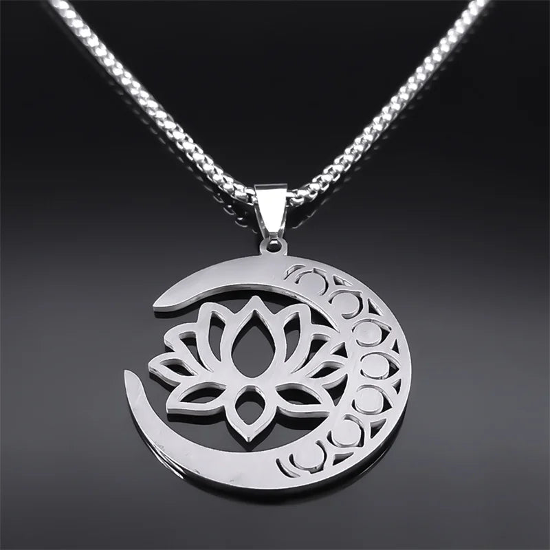 7 Chakras Stones Lotus Flower Pendant Necklace Silver