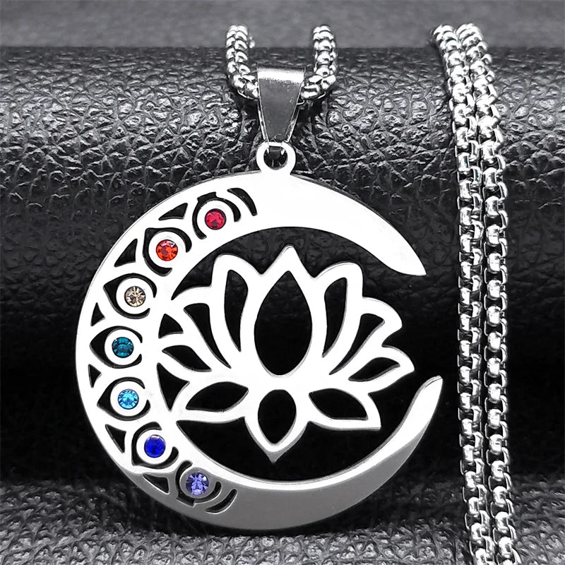 7 Chakras Stones Lotus Flower Pendant Necklace Silver