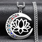 7 Chakras Stones Lotus Flower Pendant Necklace Silver