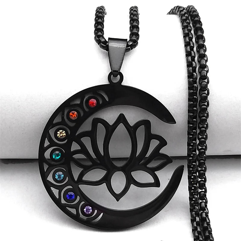 7 Chakras Stones Lotus Flower Pendant Necklace Black