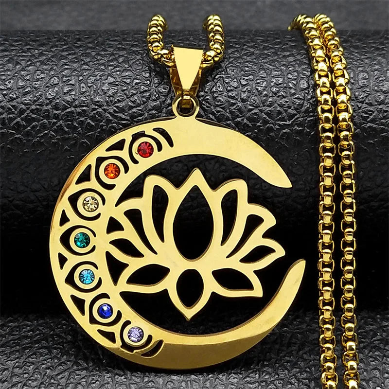 7 Chakras Stones Lotus Flower Pendant Necklace Gold