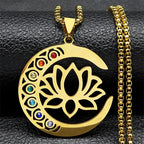 7 Chakras Stones Lotus Flower Pendant Necklace Gold