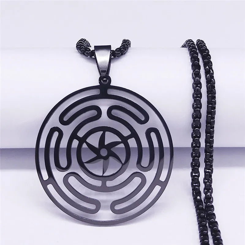 Hecate's Wheel Strophalos Wiccan Witchcraft Pendant Necklace black 60 cm