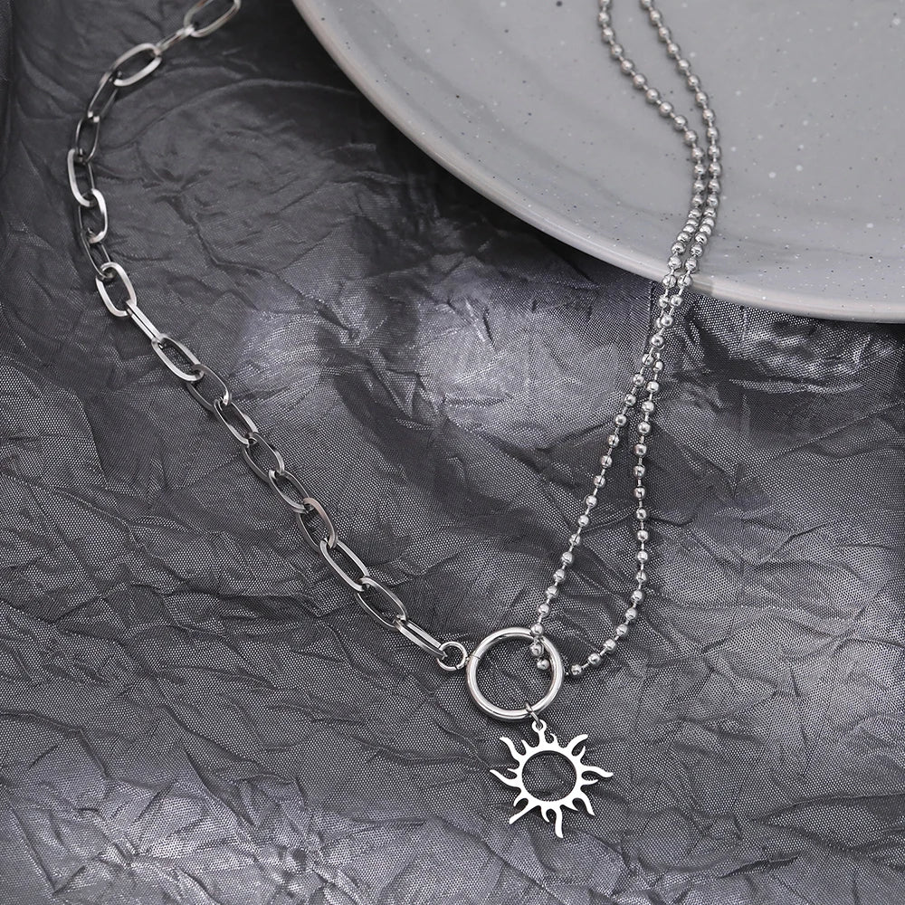 Asymmetrical Sun Pendant Necklace Silver