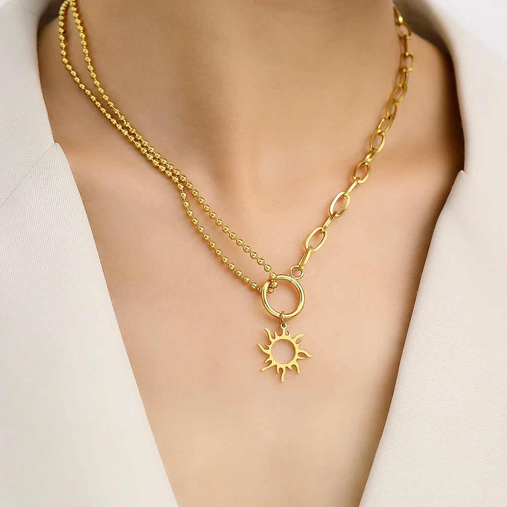 Asymmetrical Sun Pendant Necklace Gold