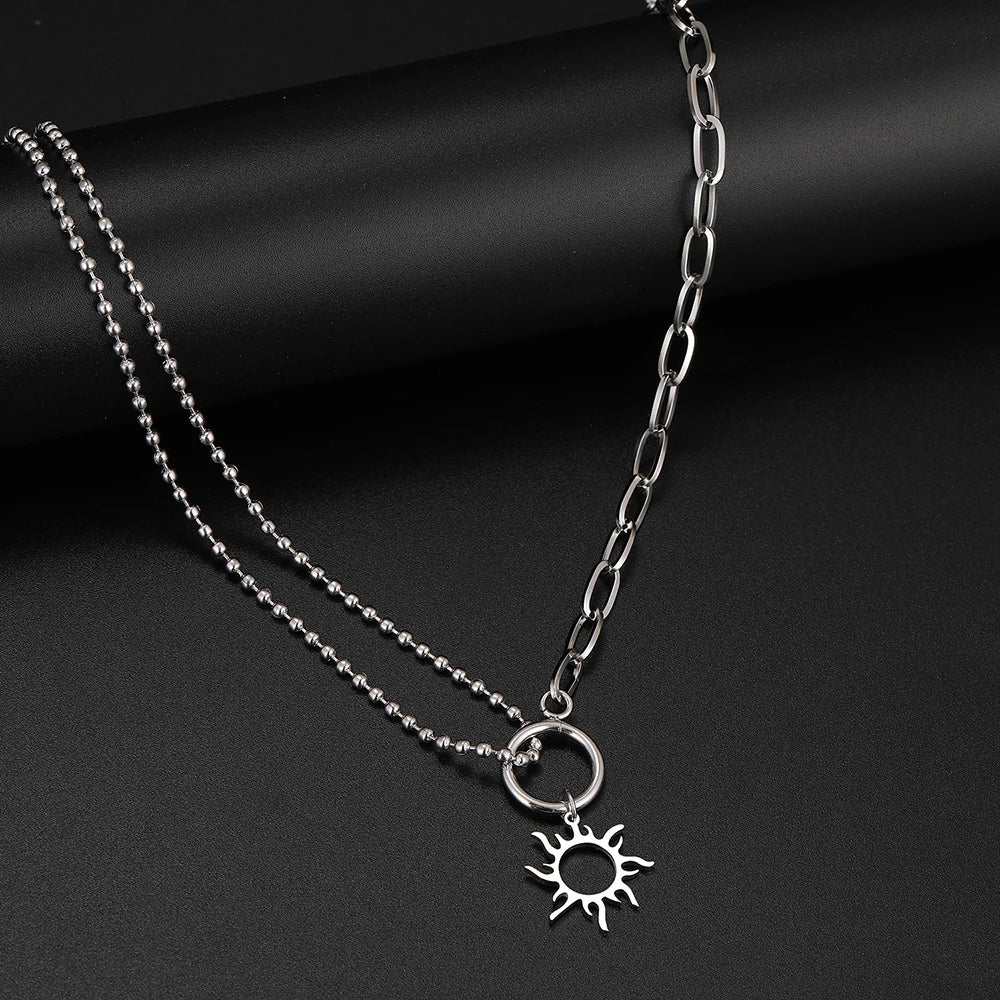 Asymmetrical Sun Pendant Necklace Silver