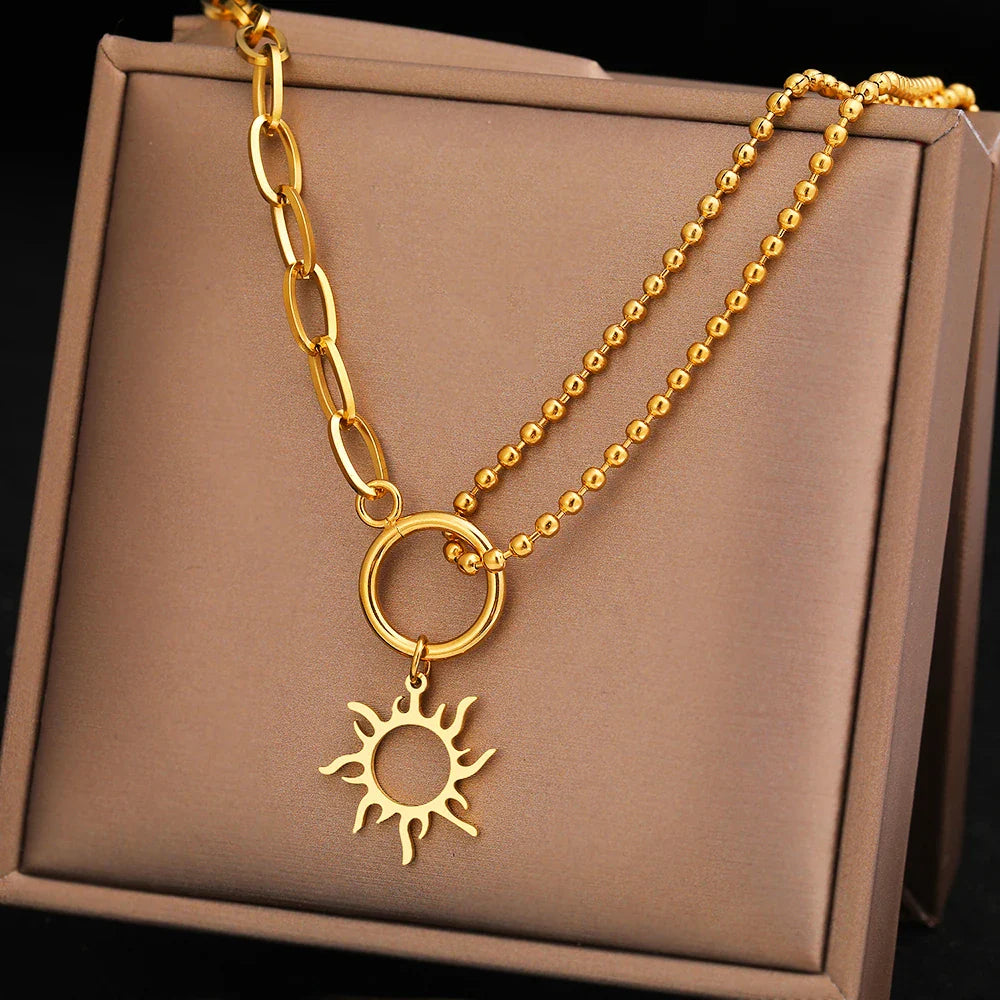 Asymmetrical Sun Pendant Necklace Gold