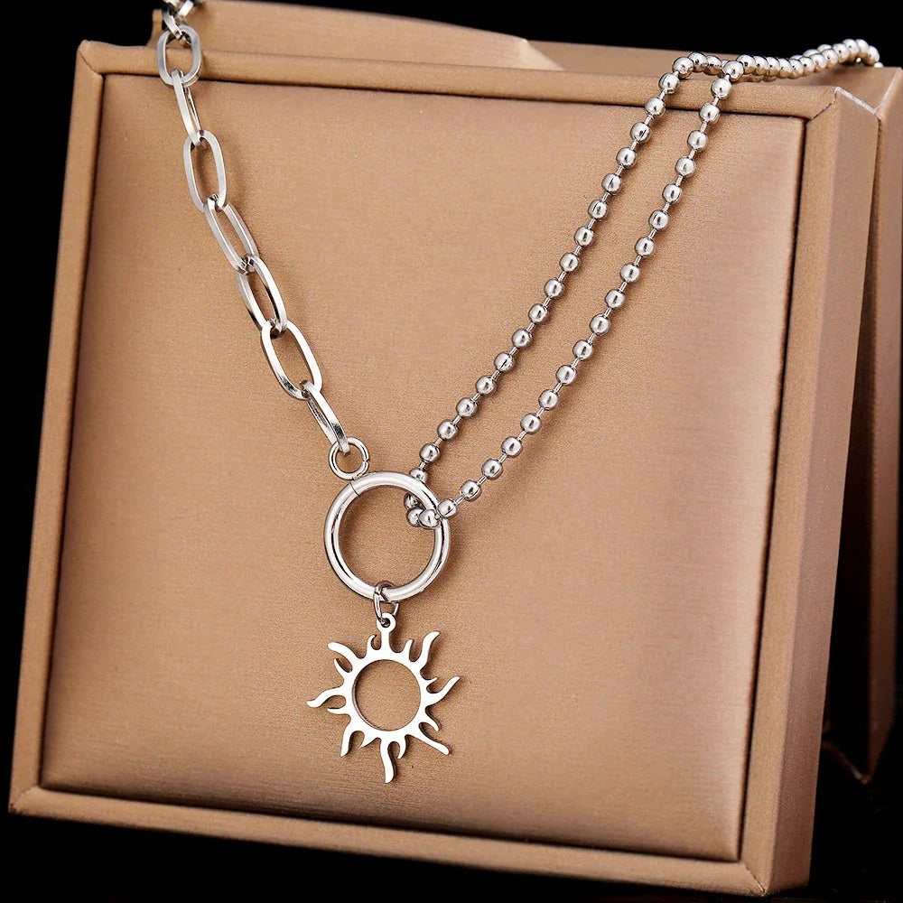 Asymmetrical Sun Pendant Necklace Silver
