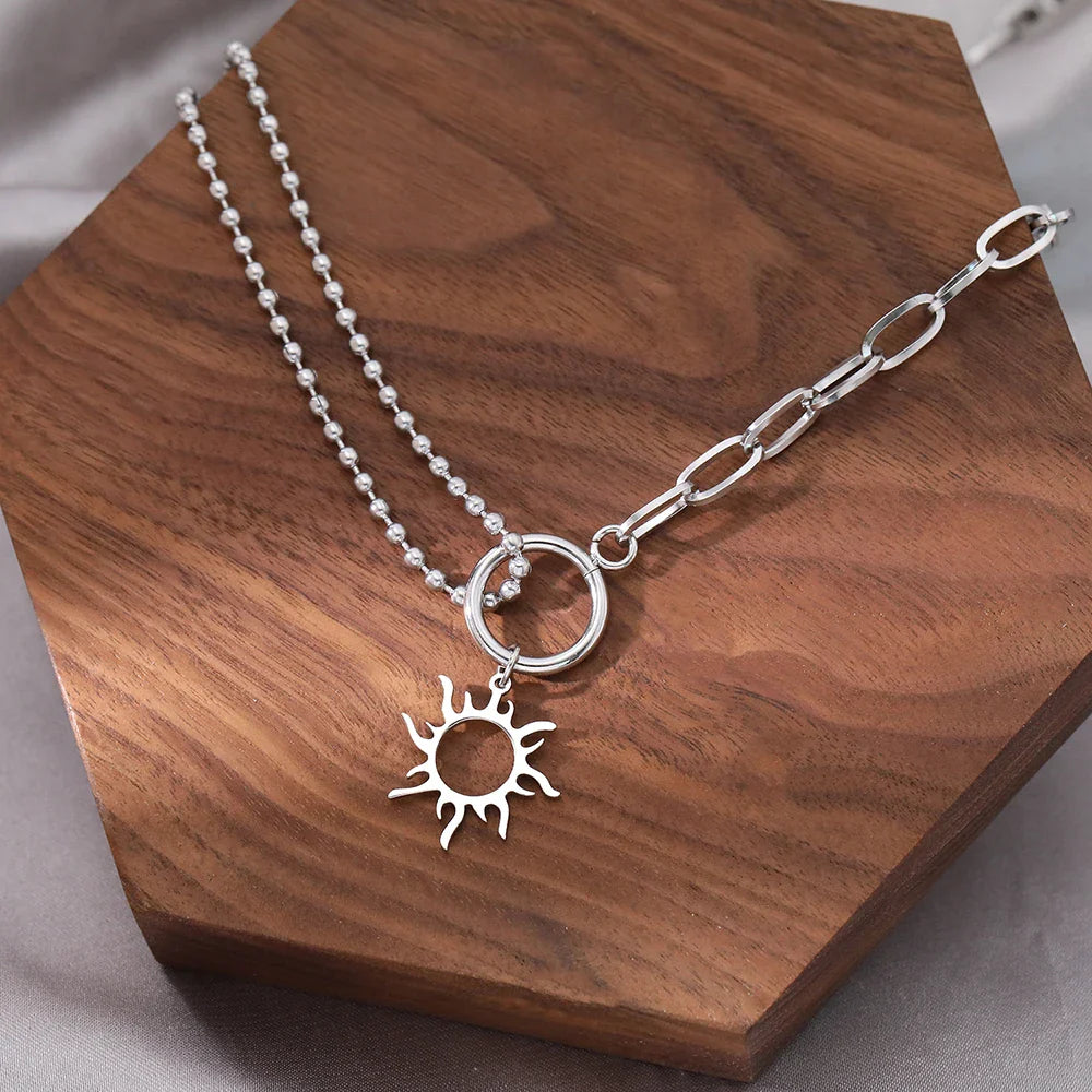 Asymmetrical Sun Pendant Necklace Silver