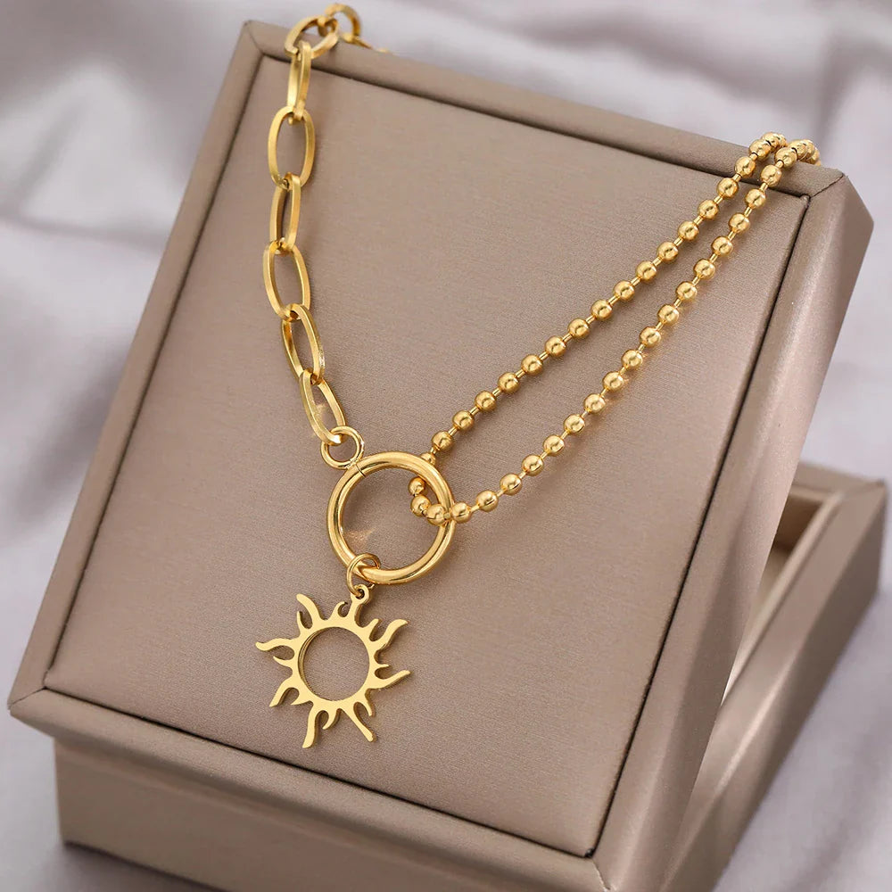 Asymmetrical Sun Pendant Necklace Gold
