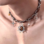 Sun Pendant Necklace with Punk-Style Crystal