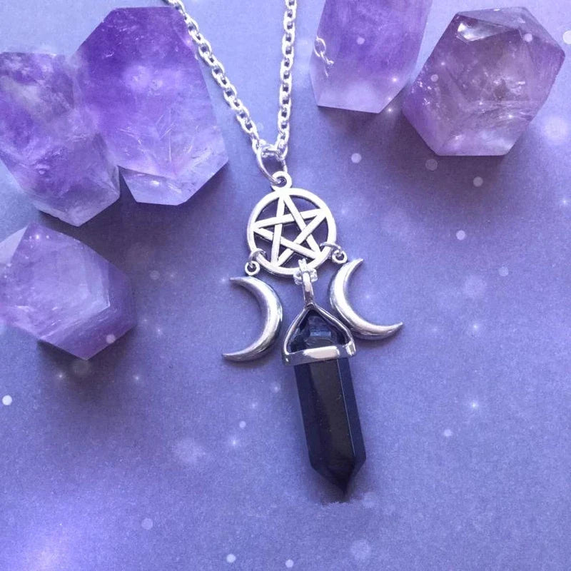 Triple Moon Pendant Necklace Wiccan Witchcraft Women Black Pentacle