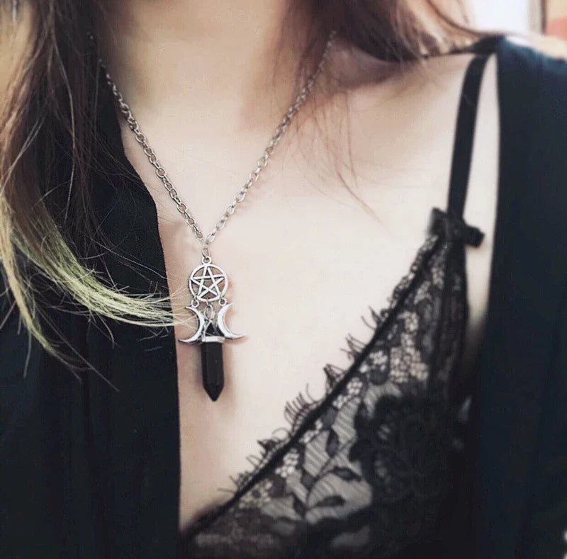 Triple Moon Pendant Necklace Wiccan Witchcraft Women Black Pentacle