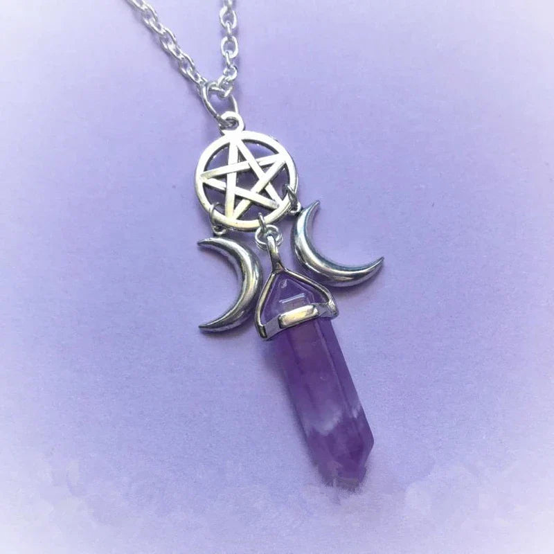 Triple Moon Pendant Necklace Wiccan Witchcraft Women Purple Pentacle