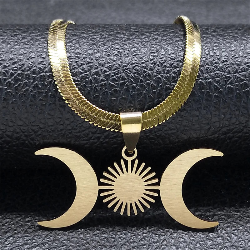 Triple Moon Wiccan Witchcraft Pendant Necklace Gold