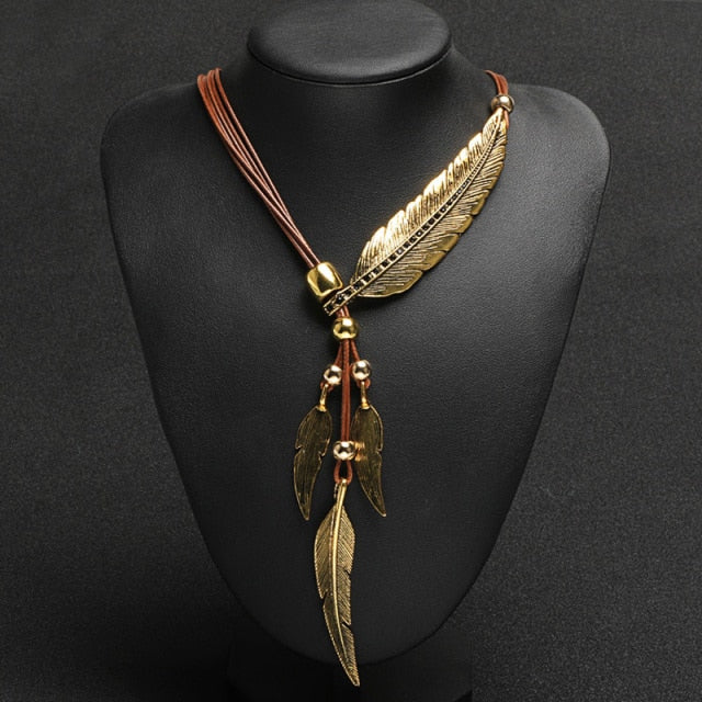 Women's Feather Necklace gold and brown