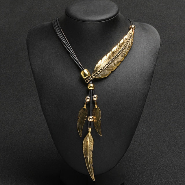 Women's Feather Necklace gold and black