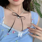 Choker Necklace with Heart Pendant and Black Pearls