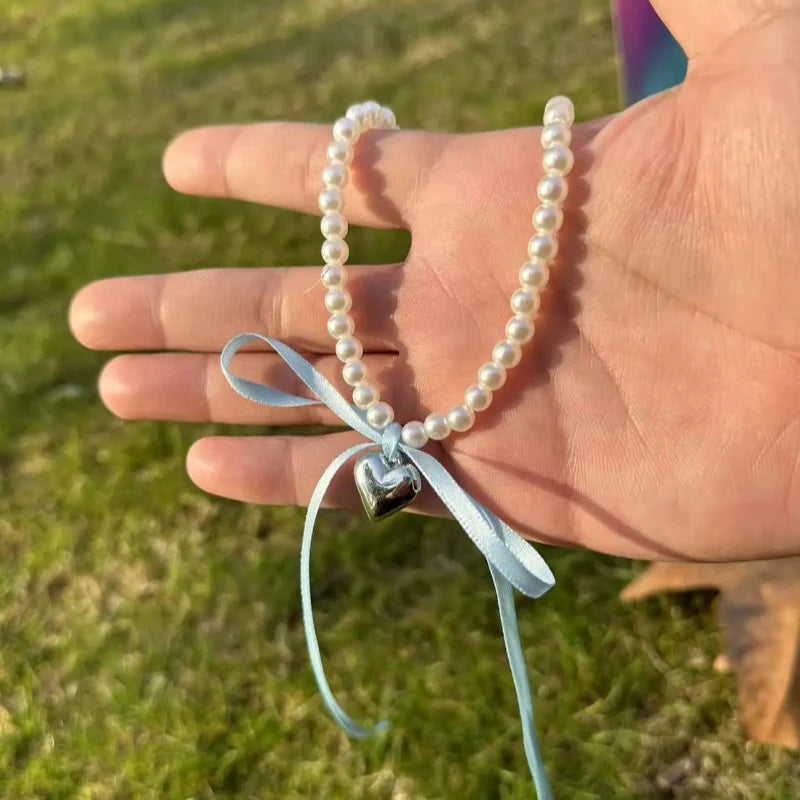 Choker Necklace with Heart Pendant and Blue Pearls