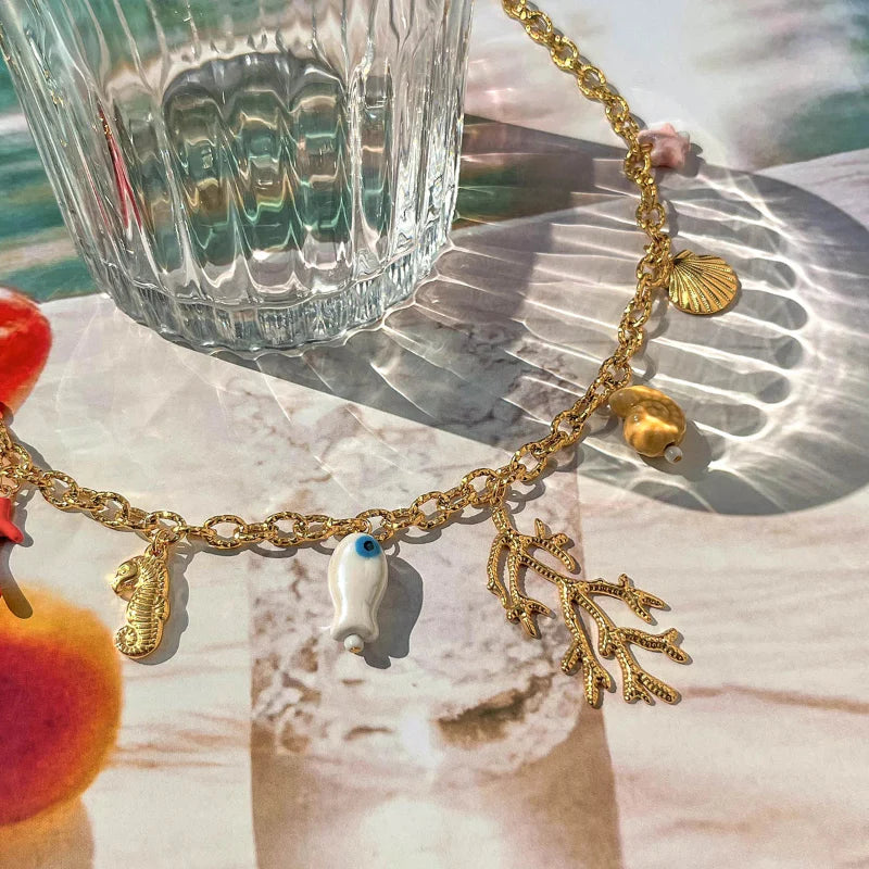 Coral and Shell Pendant Choker Necklace for Women