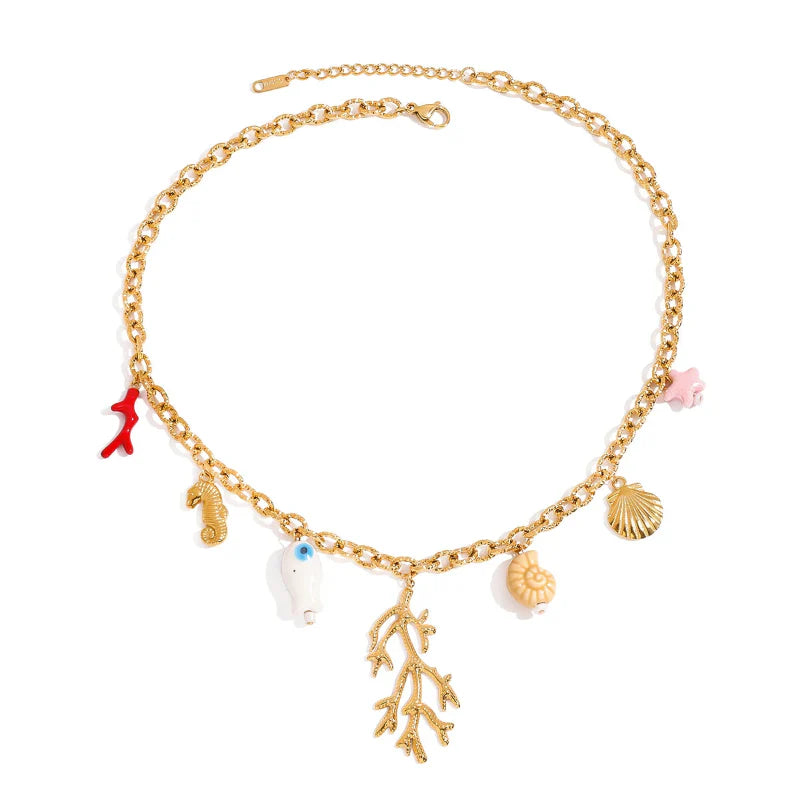 Coral and Shell Pendant Choker Necklace for Women