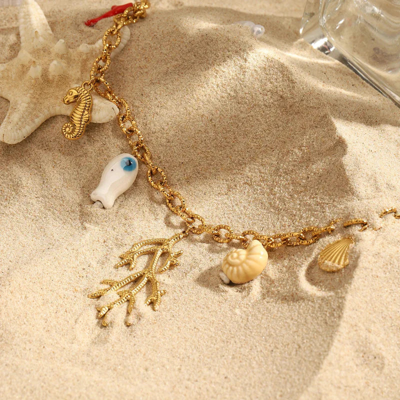 Coral and Shell Pendant Choker Necklace for Women